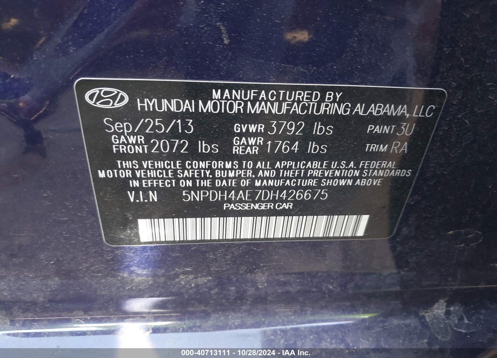 2013 HYUNDAI ELANTRA GLS VIN: 5NPDH4AE7DH426675