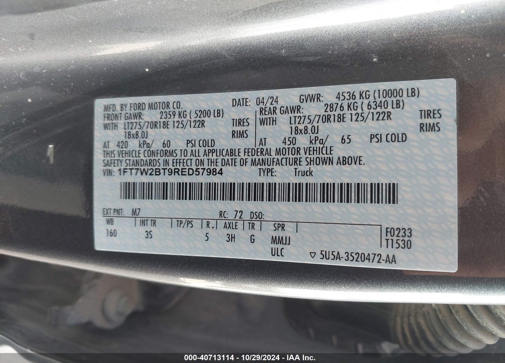 2024 FORD F-250 XLT VIN: 1FT7W2BT9RED57984