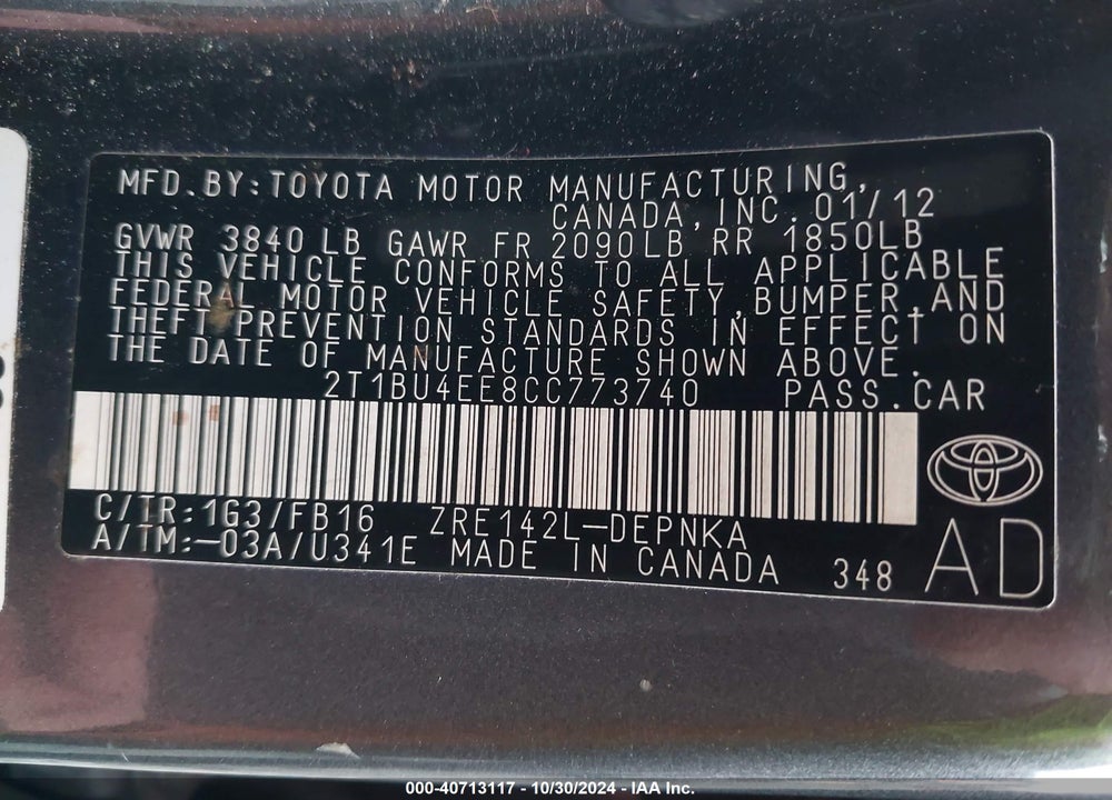 2012 TOYOTA COROLLA LE VIN: 2T1BU4EE8CC773740