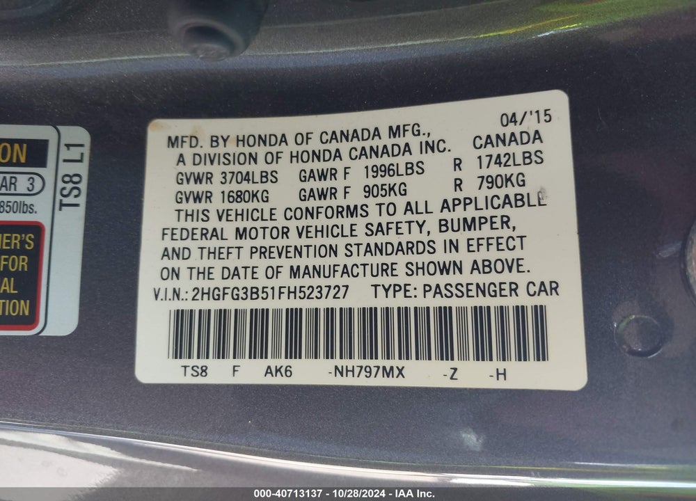 2015 HONDA CIVIC LX VIN: 2HGFG3B51FH523727