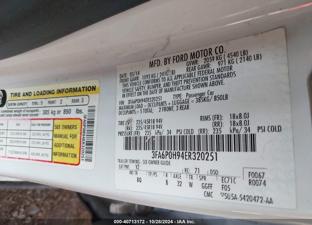 2014 FORD FUSION SE VIN: 3FA6P0H94ER320251