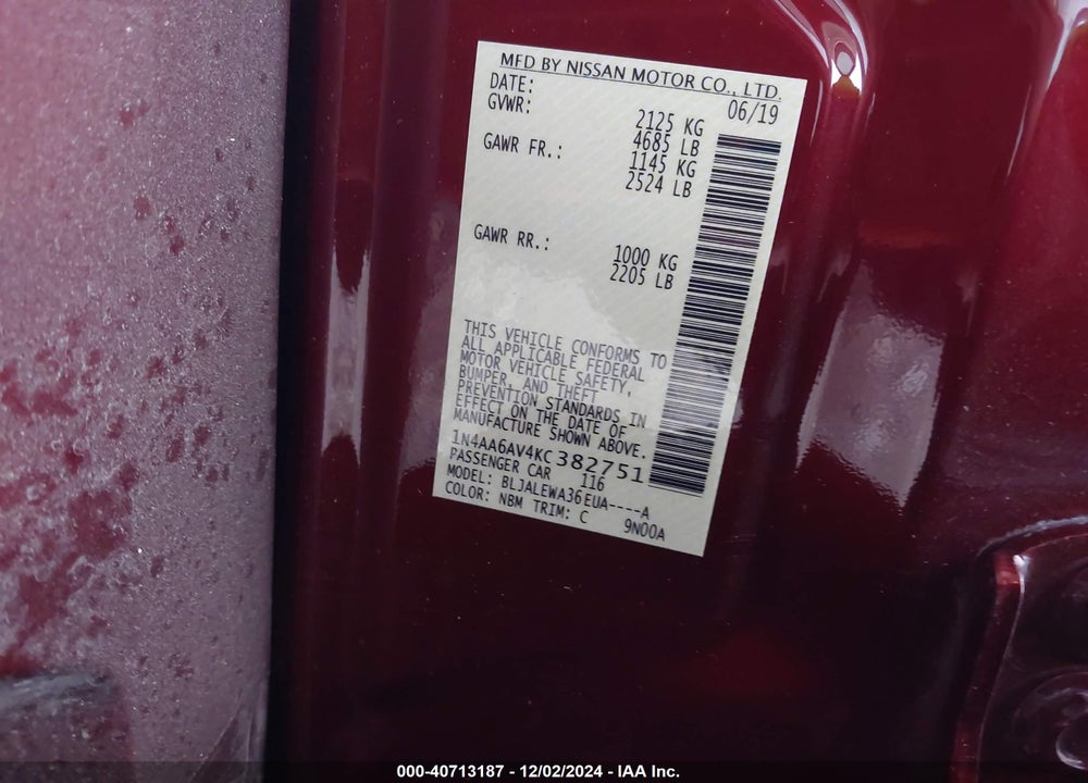 2019 NISSAN MAXIMA 3.5 SL VIN: 1N4AA6AV4KC382751