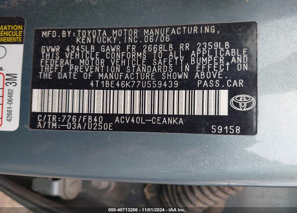 2007 TOYOTA CAMRY LE VIN: 4T1BE46K77U559439
