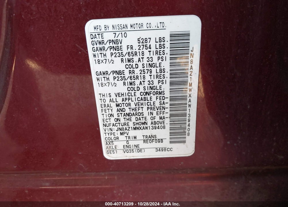 2010 NISSAN MURANO SL VIN: JN8AZ1MWXAW139408
