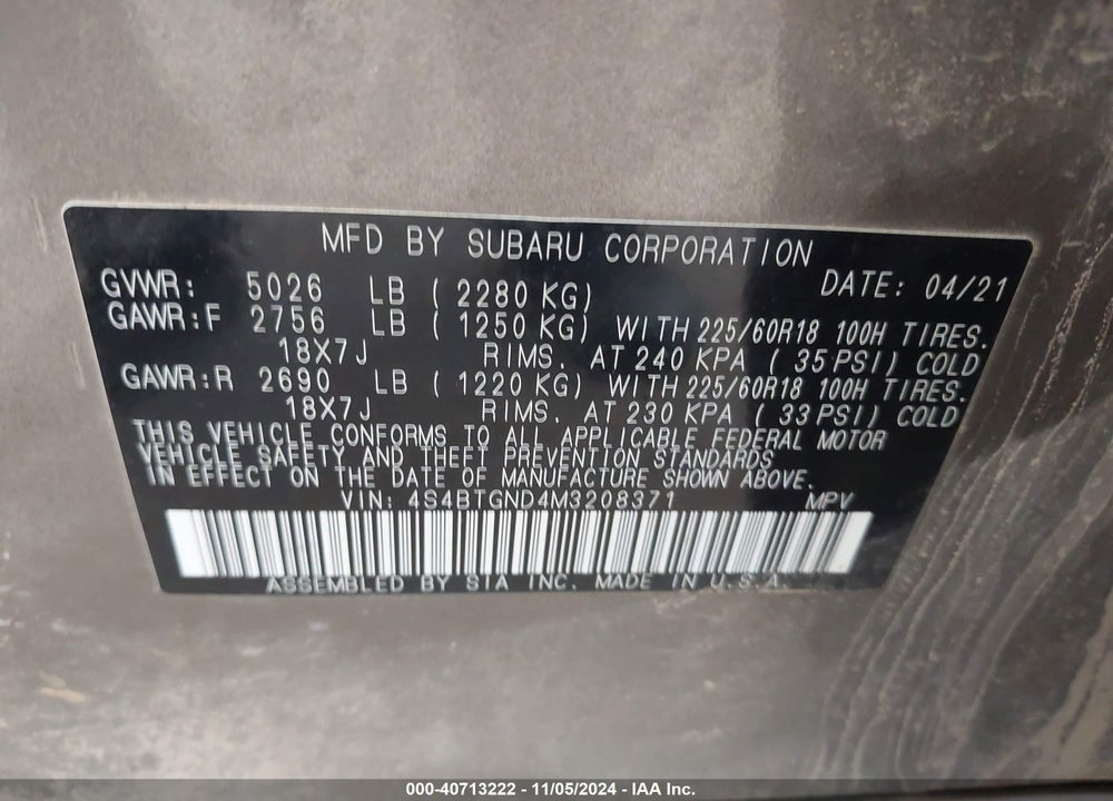 2021 SUBARU OUTBACK LIMITED XT VIN: 4S4BTGND4M3208371