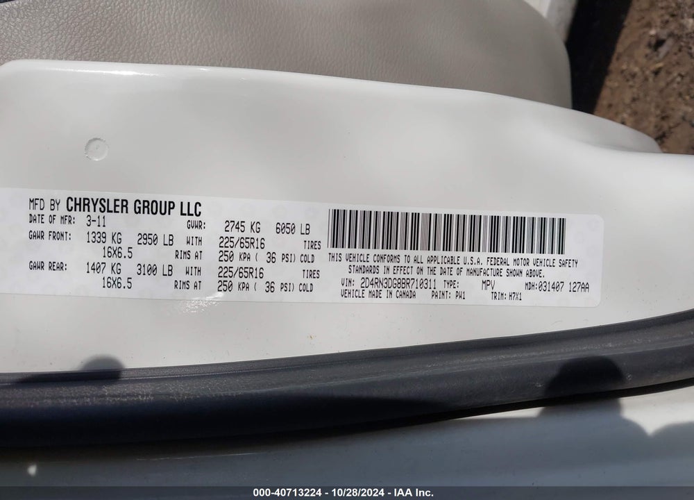 2011 DODGE GRAND CARAVAN MAINSTREET VIN: 2D4RN3DG8BR710311