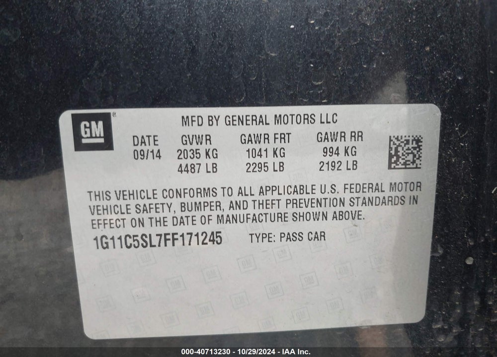 2015 CHEVROLET MALIBU 1LT VIN: 1G11C5SL7FF171245