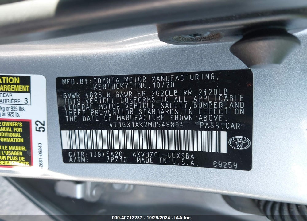 2021 TOYOTA CAMRY SE HYBRID VIN: 4T1G31AK2MU548894