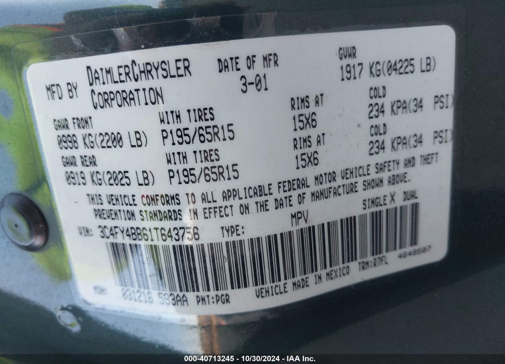 2001 CHRYSLER PT CRUISER VIN: 3C4FY4BB61T643756