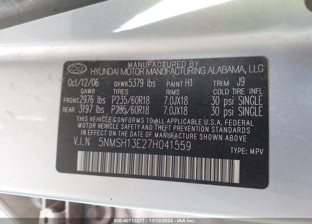 2007 HYUNDAI SANTA FE LIMITED/SE VIN: 5NMSH13E27H041559