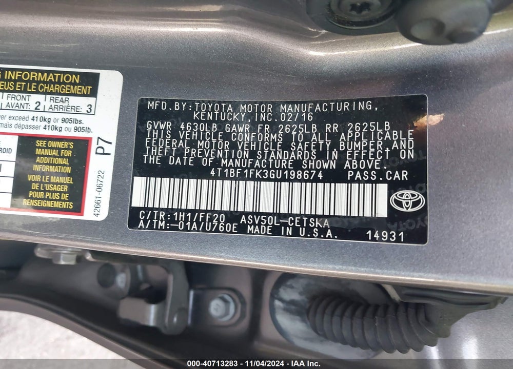 2016 TOYOTA CAMRY SE VIN: 4T1BF1FK3GU198674