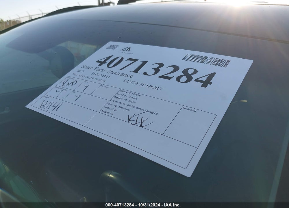 2017 HYUNDAI SANTA FE SPORT 2.0T VIN: 5XYZU4LA3HG480144