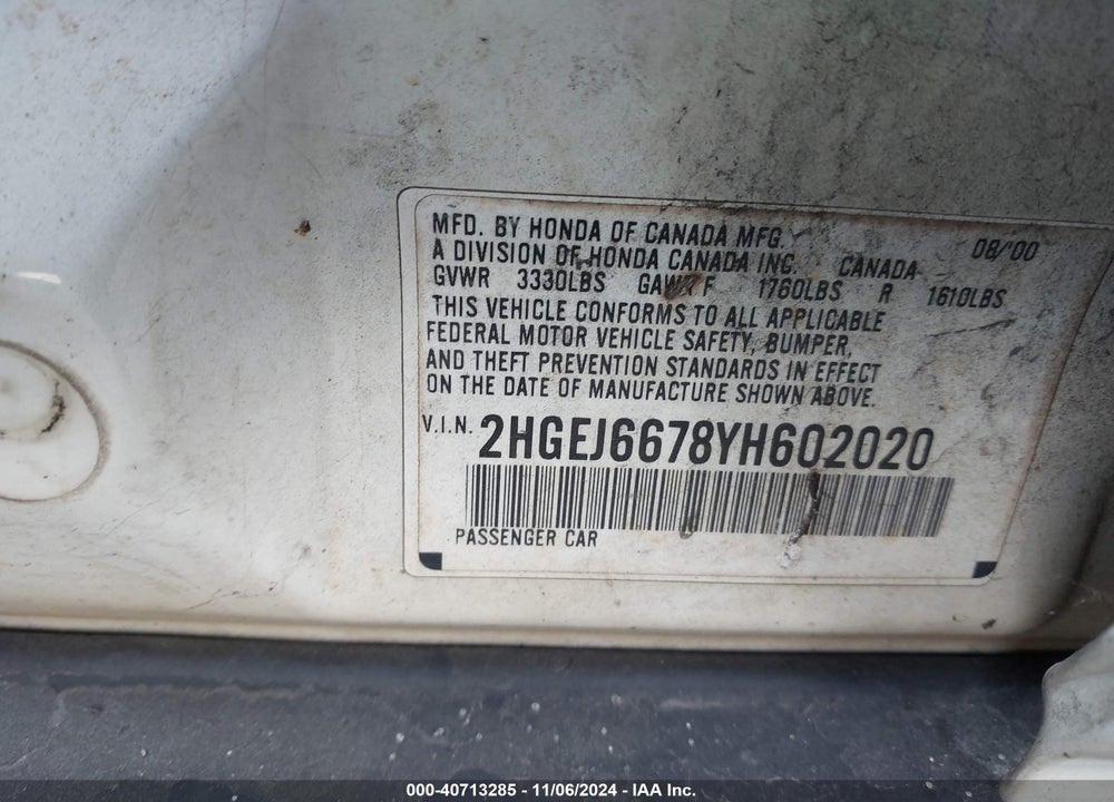 2000 HONDA CIVIC VIN: 2HGEJ6678YH602020