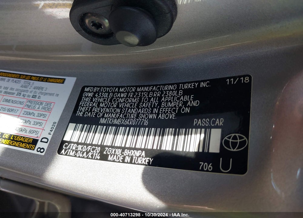 2019 TOYOTA C-HR LE VIN: NMTKHMBX6KR077716