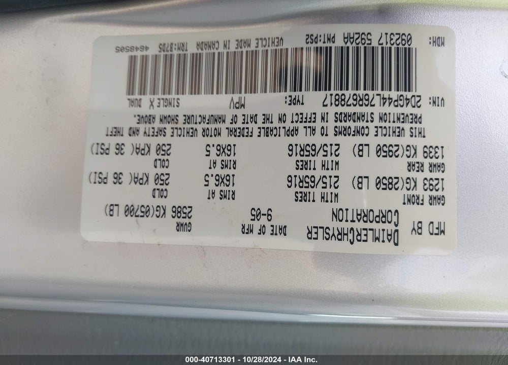 2006 DODGE GRAND CARAVAN SXT VIN: 2D4GP44L76R678817