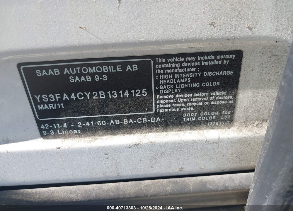 2011 SAAB 9-3 TURBO4 VIN: YS3FA4CY2B1314125