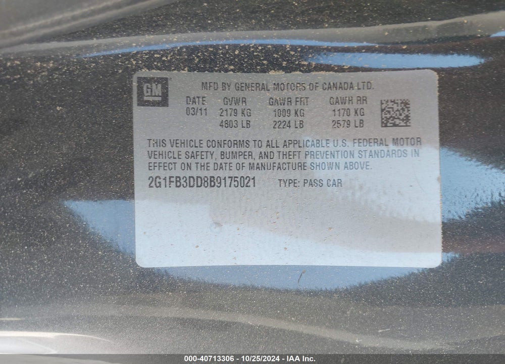 2011 CHEVROLET CAMARO 1LT VIN: 2G1FB3DD8B9175021