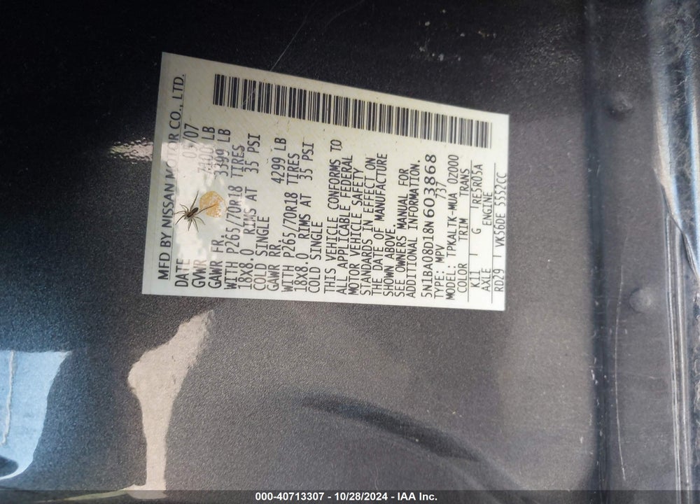2008 NISSAN ARMADA SE VIN: 5N1BA08D18N603868
