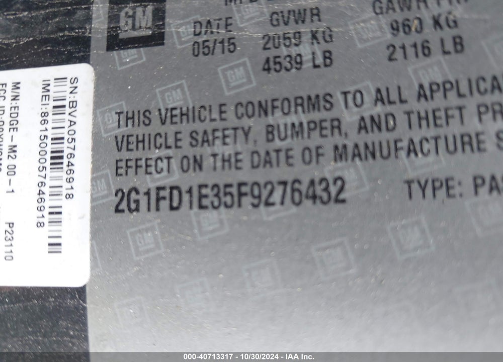 2015 CHEVROLET CAMARO 1LT VIN: 2G1FD1E35F9276432