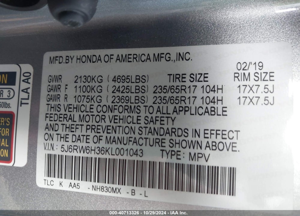 2019 HONDA CR-V LX VIN: 5J6RW6H36KL001043