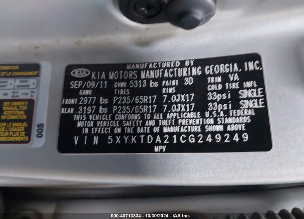 2012 KIA SORENTO LX V6 VIN: 5XYKTDA21CG249249