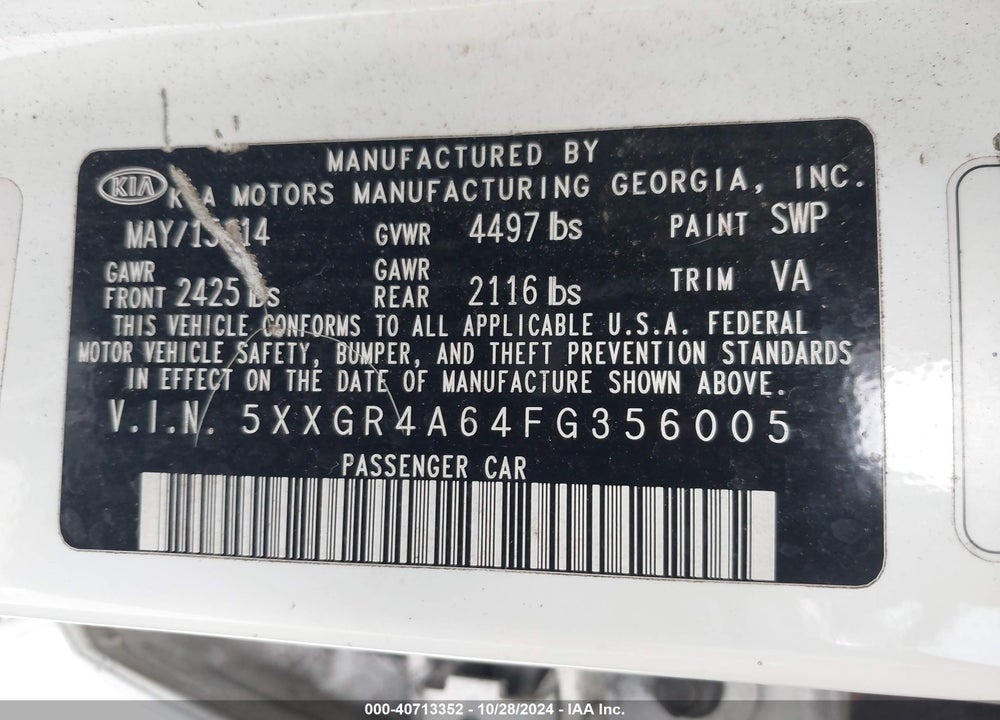 2015 KIA OPTIMA SX TURBO VIN: 5XXGR4A64FG356005
