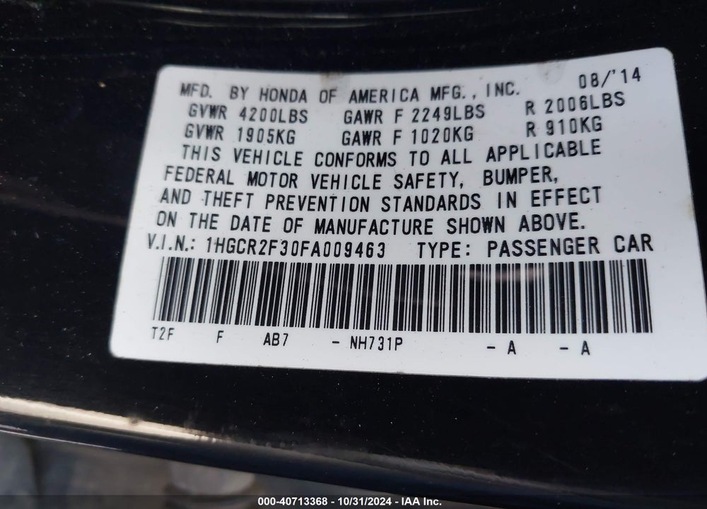 2015 HONDA ACCORD LX VIN: 1HGCR2F30FA009463