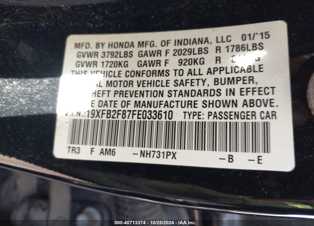 2015 HONDA CIVIC EX VIN: 19XFB2F87FE033610