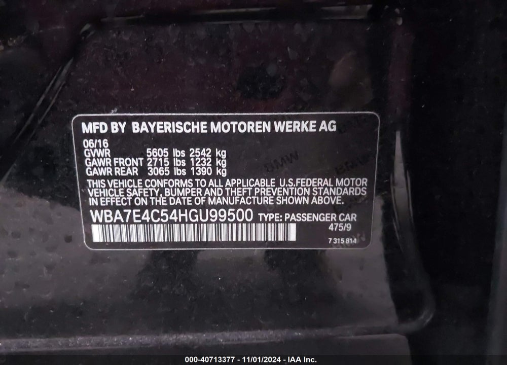 2017 BMW 740I XDRIVE VIN: WBA7E4C54HGU99500