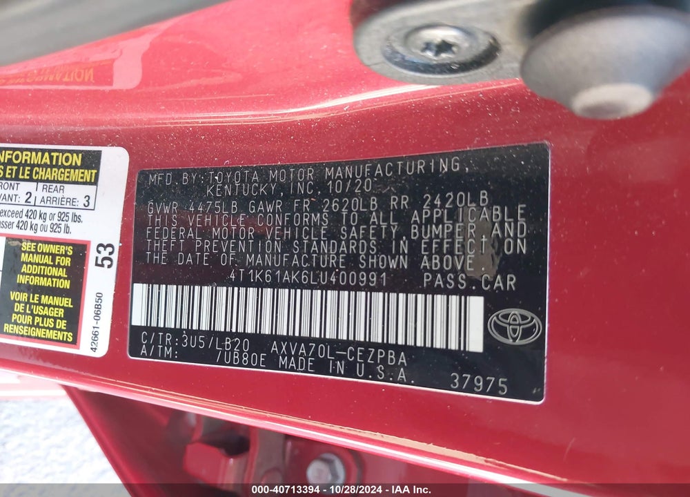 2020 TOYOTA CAMRY XSE VIN: 4T1K61AK6LU400991