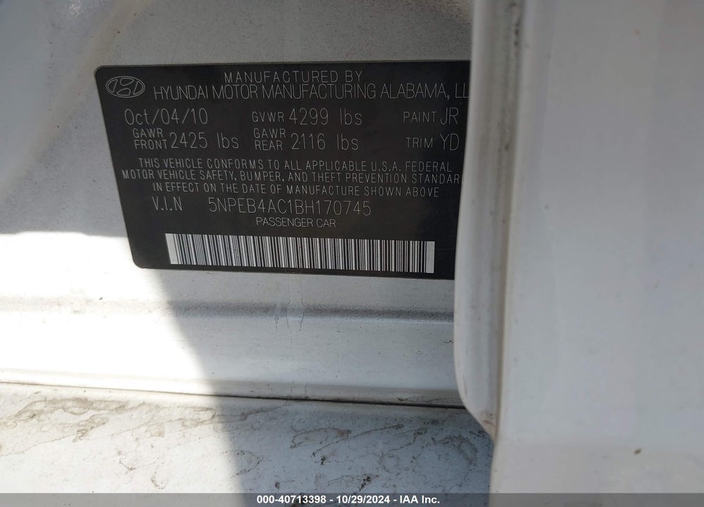 2011 HYUNDAI SONATA GLS VIN: 5NPEB4AC1BH170745