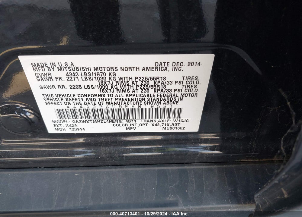 2015 MITSUBISHI OUTLANDER SPORT ES VIN: 4A4AR3AU9FE019521
