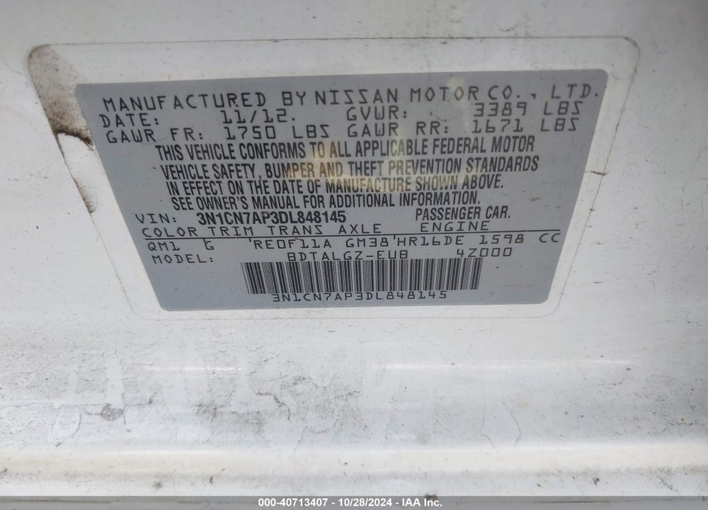 2013 NISSAN VERSA 1.6 SL VIN: 3N1CN7AP3DL848145