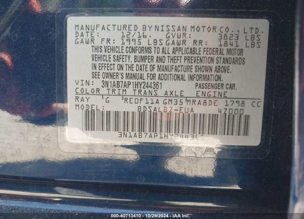 2017 NISSAN SENTRA S VIN: 3N1AB7AP1HY244361