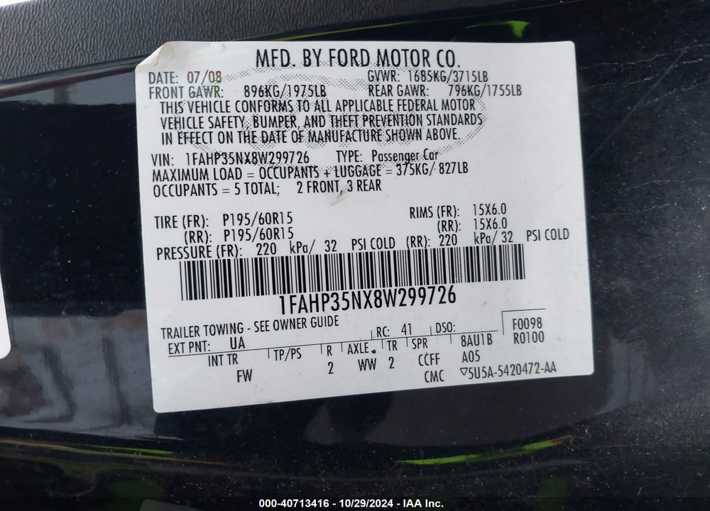 2008 FORD FOCUS SE/SES VIN: 1FAHP35NX8W299726