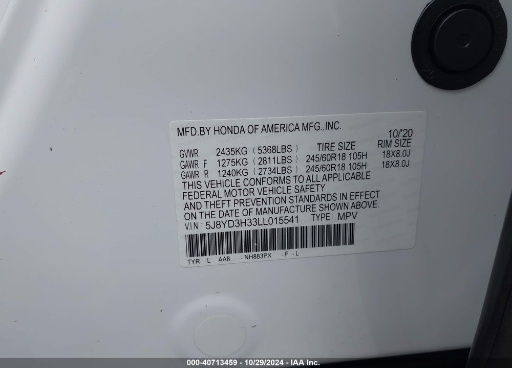 2020 ACURA MDX STANDARD VIN: 5J8YD3H33LL015541