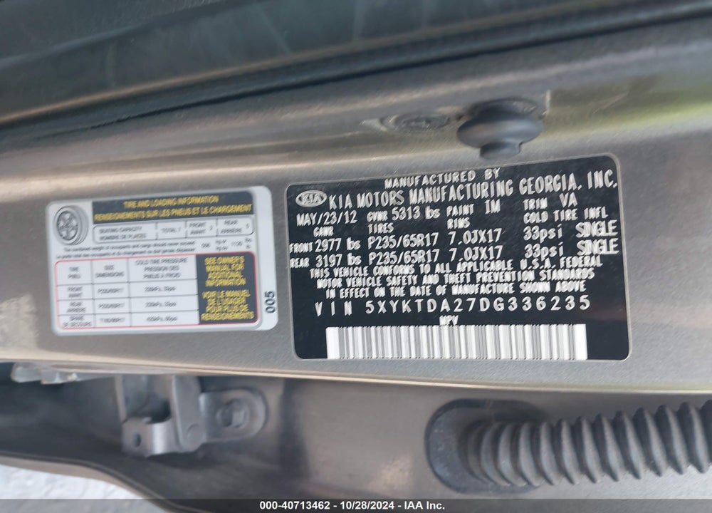 2013 KIA SORENTO LX V6 VIN: 5XYKTDA27DG336235