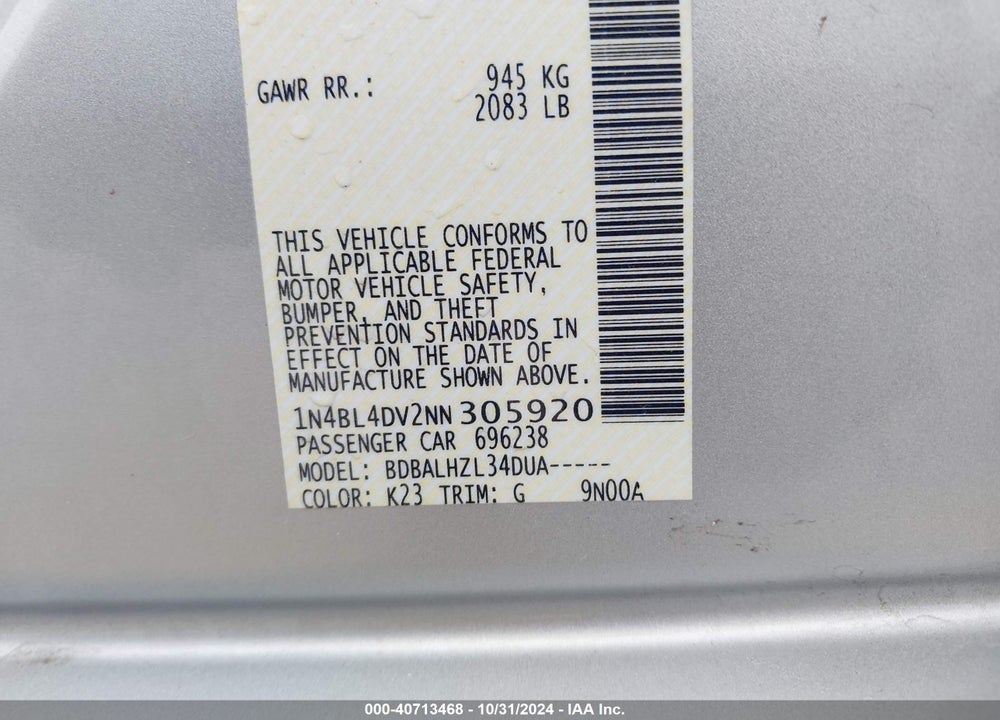 2022 NISSAN ALTIMA SV FWD VIN: 1N4BL4DV2NN305920
