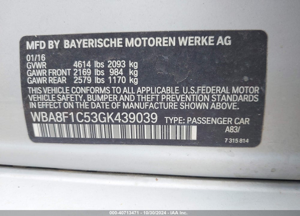 2016 BMW 328D VIN: WBA8F1C53GK439039