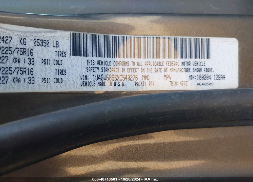 1999 JEEP GRAND CHEROKEE LAREDO VIN: 1J4GW58S6XC540276