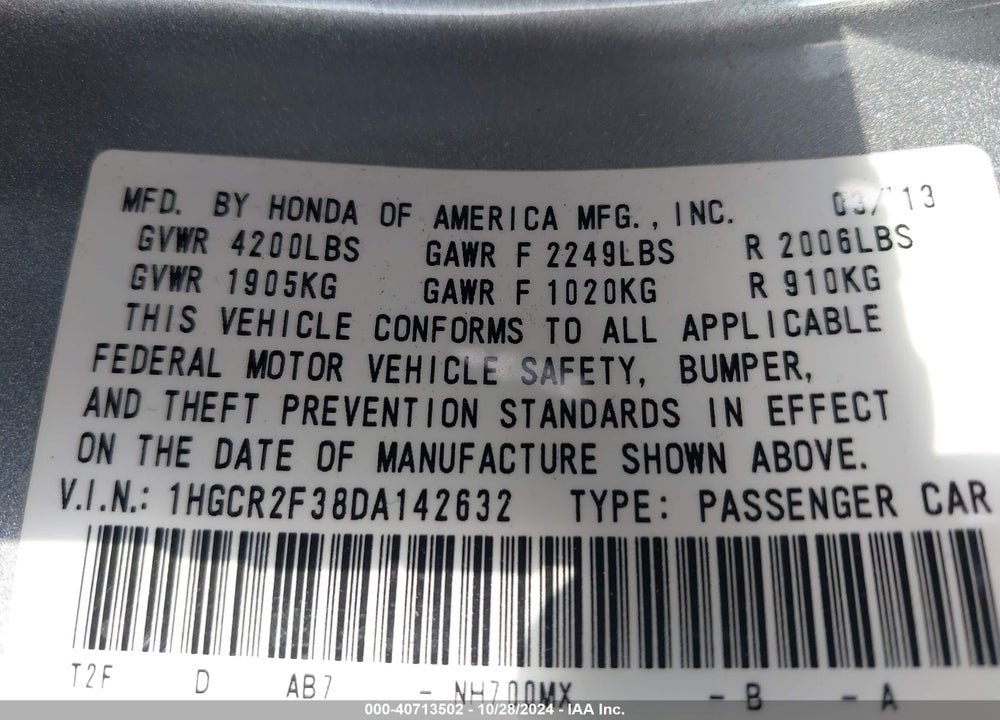 2013 HONDA ACCORD LX VIN: 1HGCR2F38DA142632