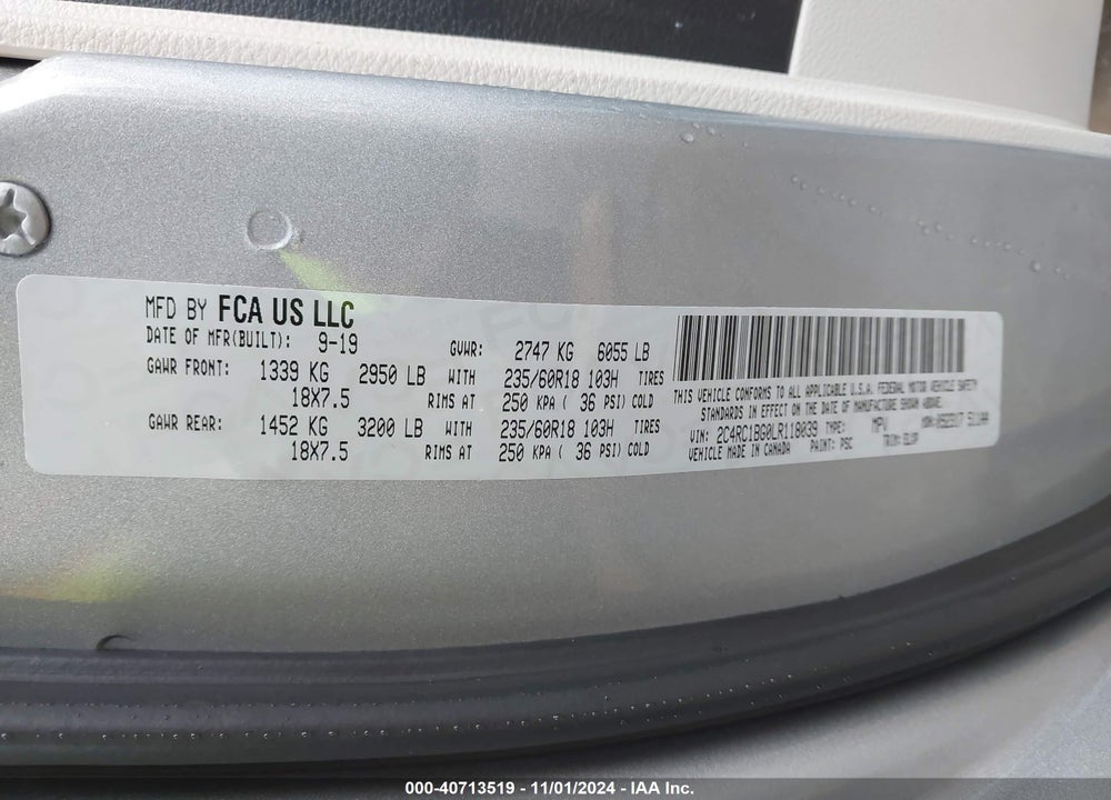 2020 CHRYSLER PACIFICA TOURING L VIN: 2C4RC1BG0LR118039