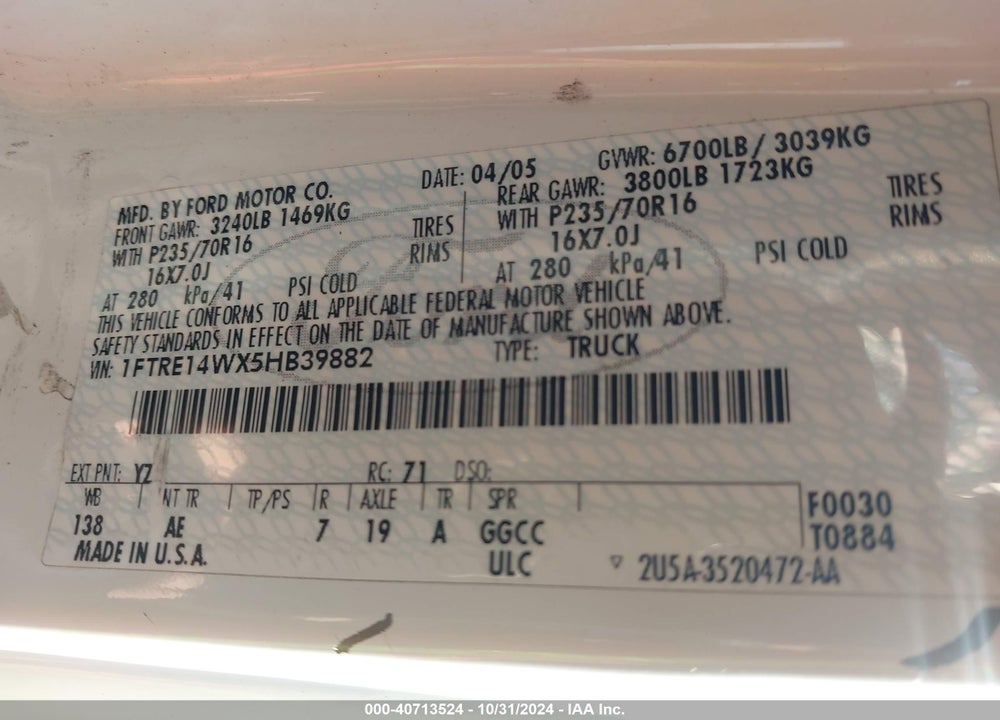 2005 FORD E-150 COMMERCIAL/RECREATIONAL VIN: 1FTRE14WX5HB39882