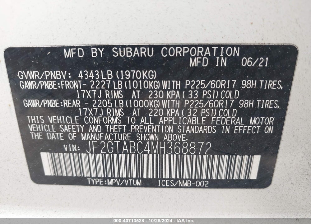 2021 SUBARU CROSSTREK VIN: JF2GTABC4MH368872