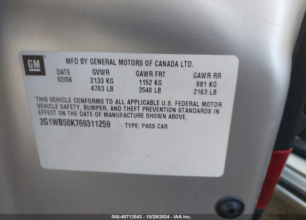 2006 CHEVROLET IMPALA VIN: 2G1WB58K769311259