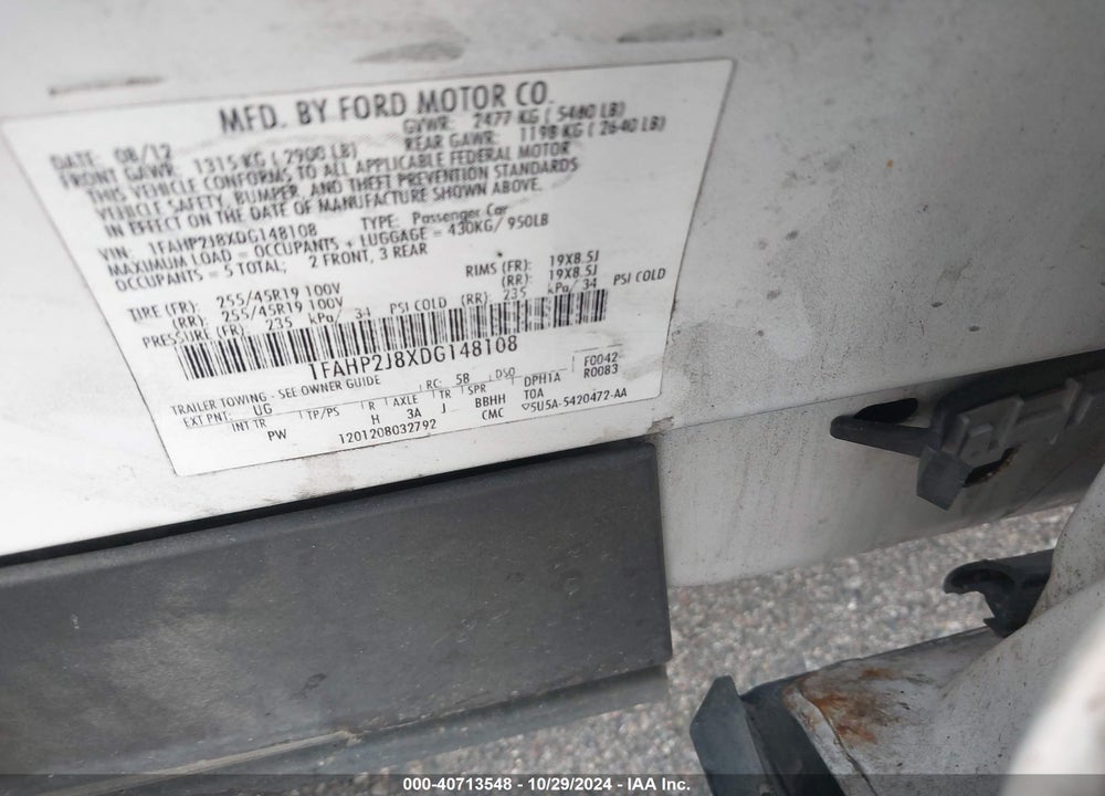 2013 FORD TAURUS LIMITED VIN: 1FAHP2J8XDG148108
