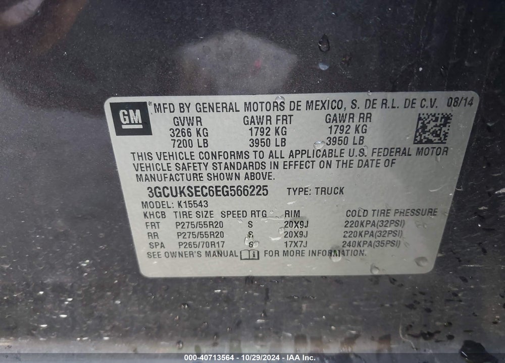 2014 CHEVROLET SILVERADO 1500 2LZ VIN: 3GCUKSEC6EG566225
