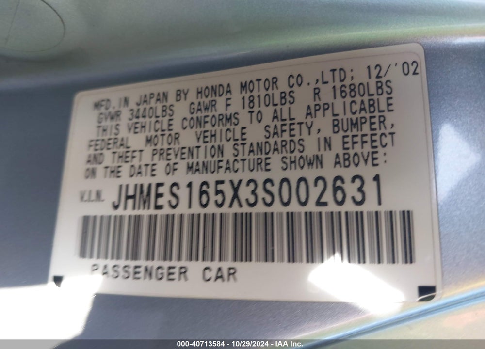 2003 HONDA CIVIC LX VIN: JHMES165X3S002631