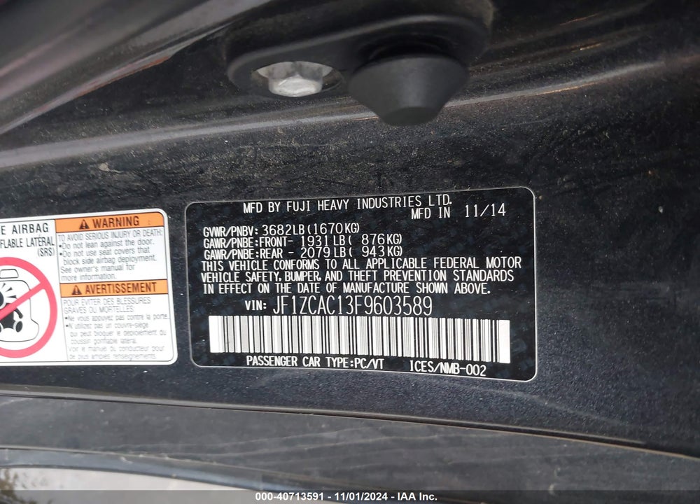 2015 SUBARU BRZ LIMITED VIN: JF1ZCAC13F9603589