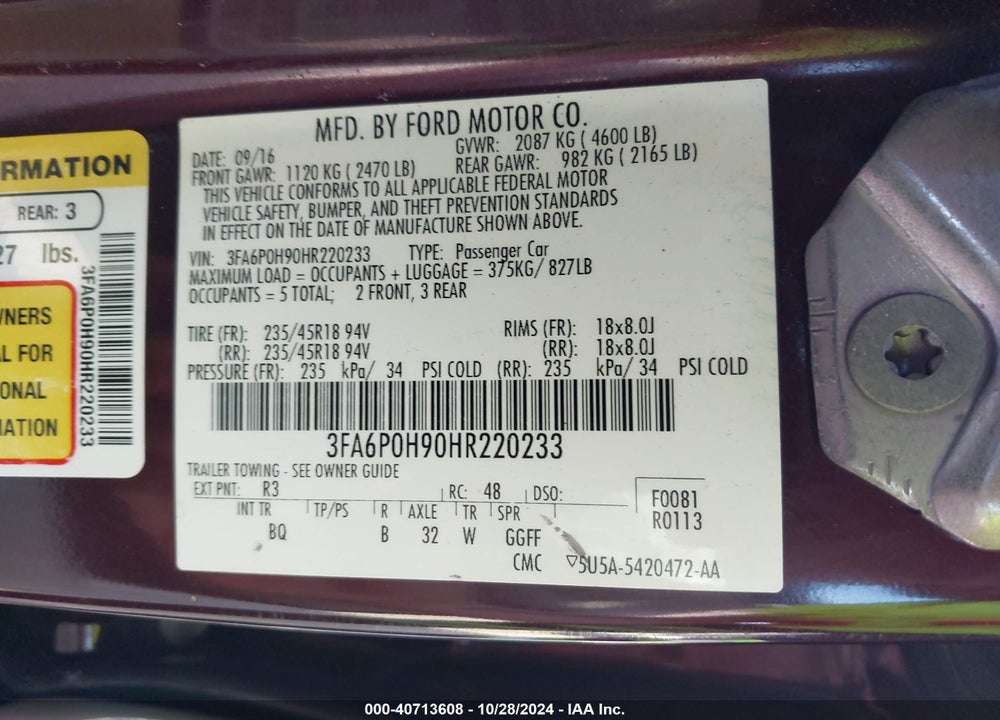 2017 FORD FUSION SE VIN: 3FA6P0H90HR220233
